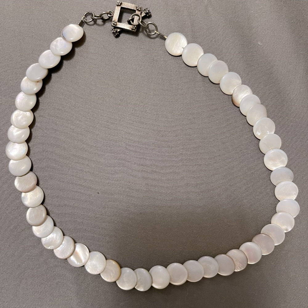 Vintage Coin Shaped Mother of Pearl Necklace Two Toned Cream and White 1980s